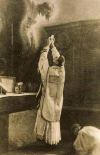 Miracle registered during the celebration of the Holy Mass on a photographic film in Bavaria on August 29th 1932. The picture shows a priest on the third day after his ordination. The photo was taken by his brother, a disbeliever, who did not believe that the Holy Mass is the Golgotha of our Lord Jesus Christ.